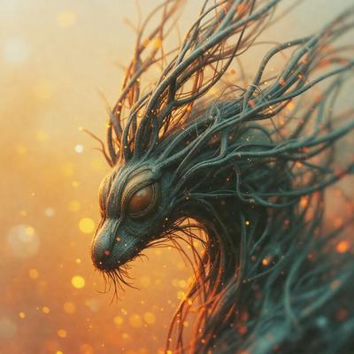 The primary subject of the image is a dragon-like creature with a long neck and a face that resembles a human. The dragon is surrounded by a bright, colorful background, which adds to the overall atmosphere of the image. The visual style of the image is a combination of digital art and illustration, creating a unique and captivating scene. The colors and mood of the image are vibrant and lively, with the dragon's appearance and the bright background creating a sense of excitement and wonder.